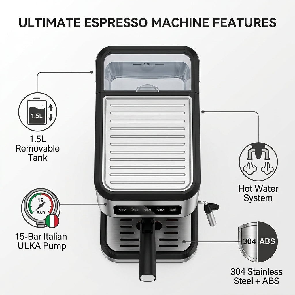 Portable Espresso Machine – 15-Bar Italian ULKA Pump, 1.5L Tank, 1050W, Stainless Steel & ABS (Silver/Black)