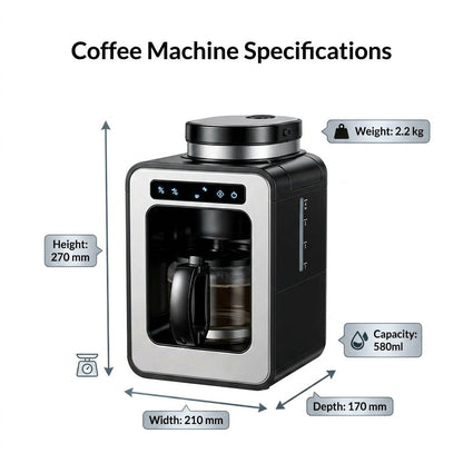 American-style Fully Automatic Coffee Maker – 600W, Insulated LCD Display, Built-in Grinder, Compact Design (6-10 Cups)
