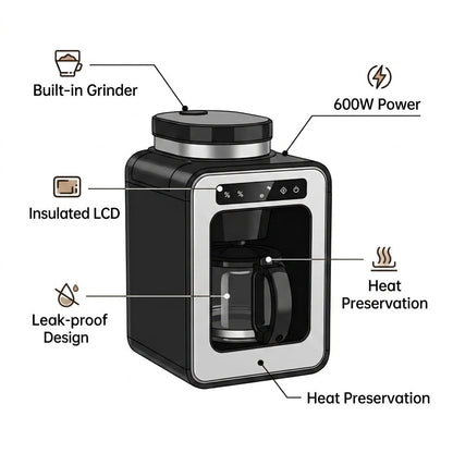 American-style Fully Automatic Coffee Maker – 600W, Insulated LCD Display, Built-in Grinder, Compact Design (6-10 Cups)