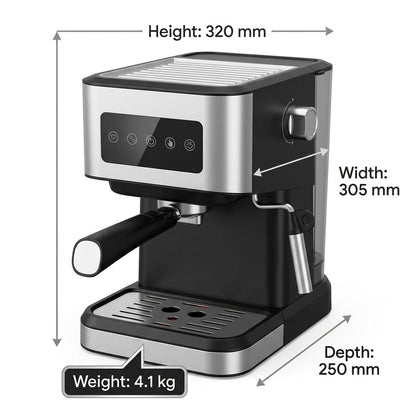 Portable Espresso Machine – 15-Bar Italian ULKA Pump, 1.5L Tank, 1050W, Stainless Steel & ABS (Silver/Black)
