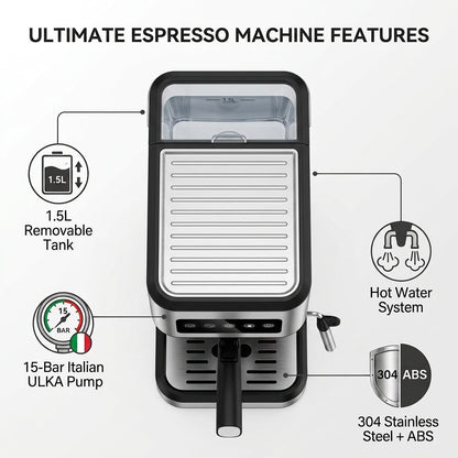Portable Espresso Machine – 15-Bar Italian ULKA Pump, 1.5L Tank, 1050W, Stainless Steel & ABS (Silver/Black)
