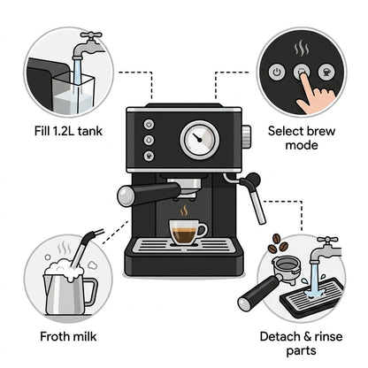 20-Bar Espresso Coffee Machine – 2-in-1 Coffee Maker & Milk Frother with 1350W, 1.2L Tank & Analog Dial