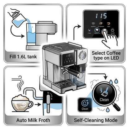 Italian Pump Stainless Steel Espresso Machine – 20 Bar, 1.6L Tank, Auto Milk Frother & LED Display for Household & Hotel