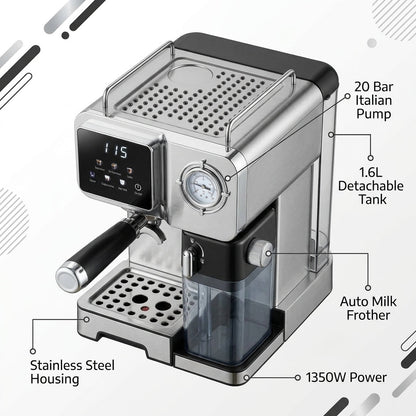 Italian Pump Stainless Steel Espresso Machine – 20 Bar, 1.6L Tank, Auto Milk Frother & LED Display for Household & Hotel