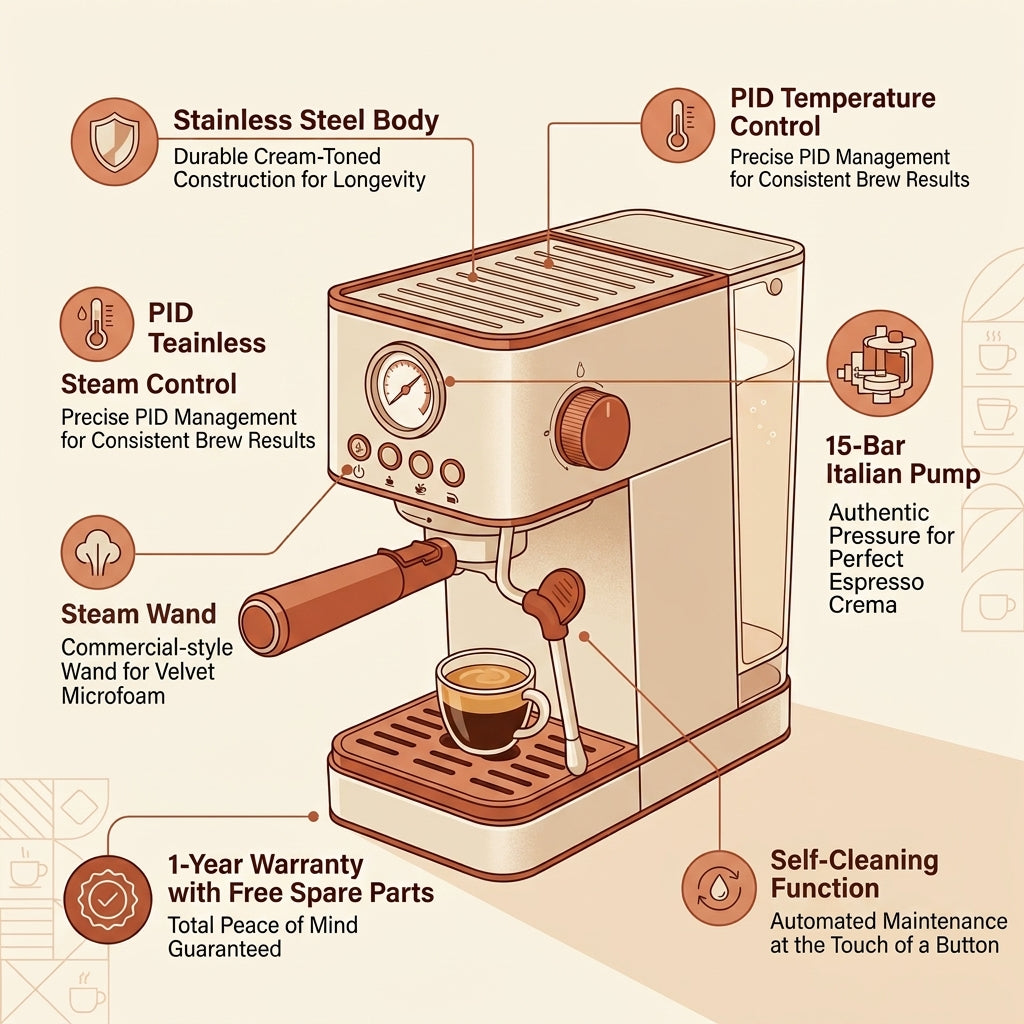 Portable 15-Bar Espresso Machine – Stainless Steel Italian-Style Brewer with Steam Function