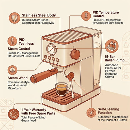 Portable 15-Bar Espresso Machine – Stainless Steel Italian-Style Brewer with Steam Function