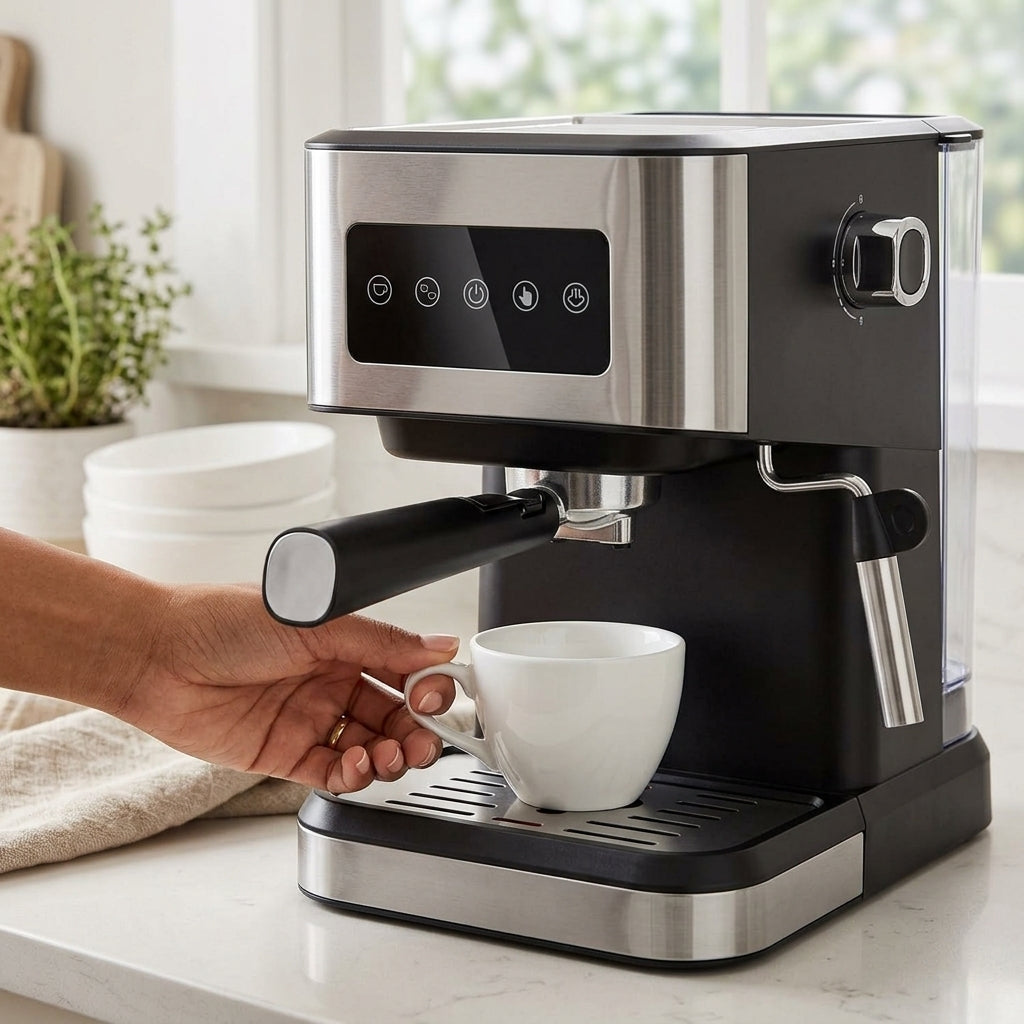 Portable Espresso Machine – 15-Bar Italian ULKA Pump, 1.5L Tank, 1050W, Stainless Steel & ABS (Silver/Black)