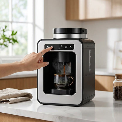 American-style Fully Automatic Coffee Maker – 600W, Insulated LCD Display, Built-in Grinder, Compact Design (6-10 Cups)